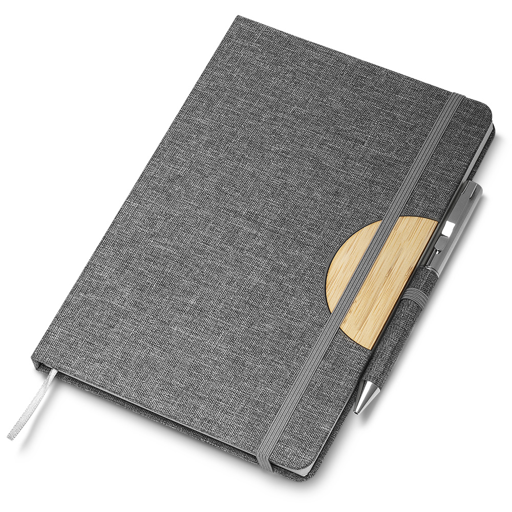 Caderno A5 Capa em Rpet e Detalhe em Bambu — cor Cinza