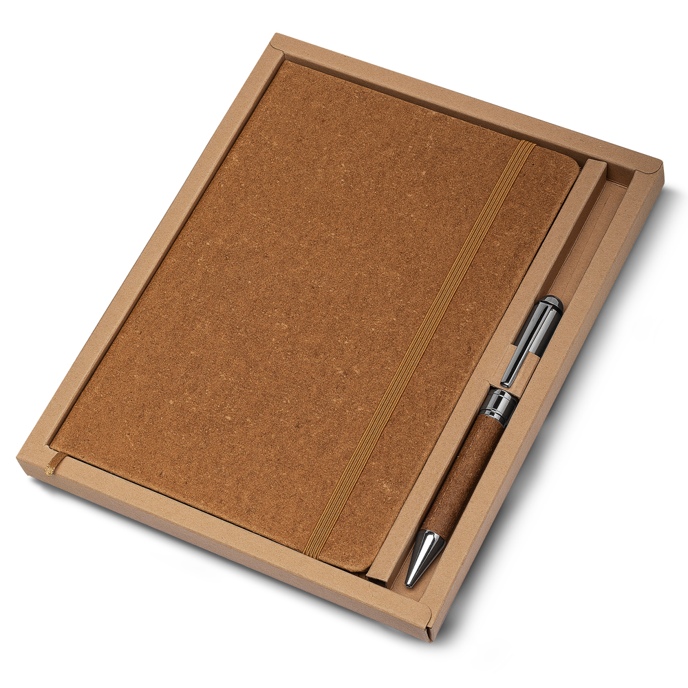 Kit Escritório A5 Capa em Couro Reciclado e Caneta Metalica — cor Marrom