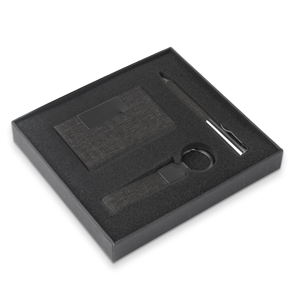 Kit Escritório Porta Cartão, Chaveiro e Caneta Metálica — cor Preto