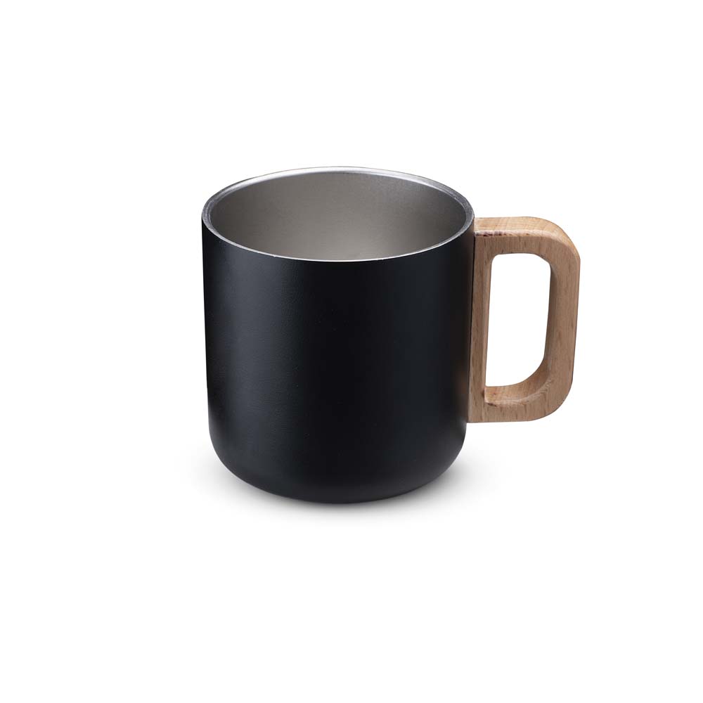 Caneca Térmica com Alça em Madeira — cor Preto