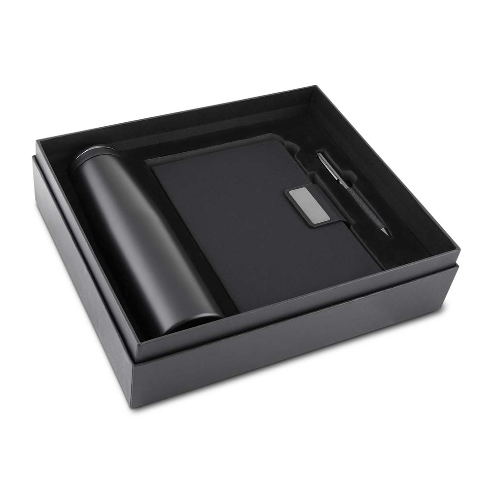 Kit Escritório Caderno, Garrafa e Caneta Metalica