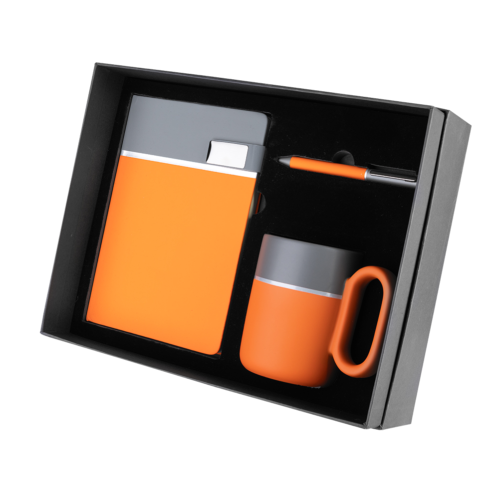 Kit Escritório Caderno, Caneca e Caneta Metalica — cor Laranja