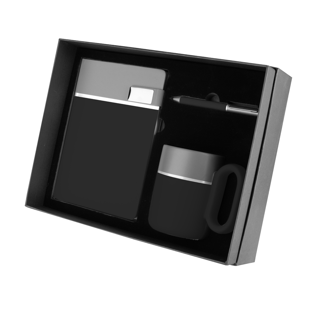 Kit Escritório Caderno, Caneca e Caneta Metalica — cor Preto