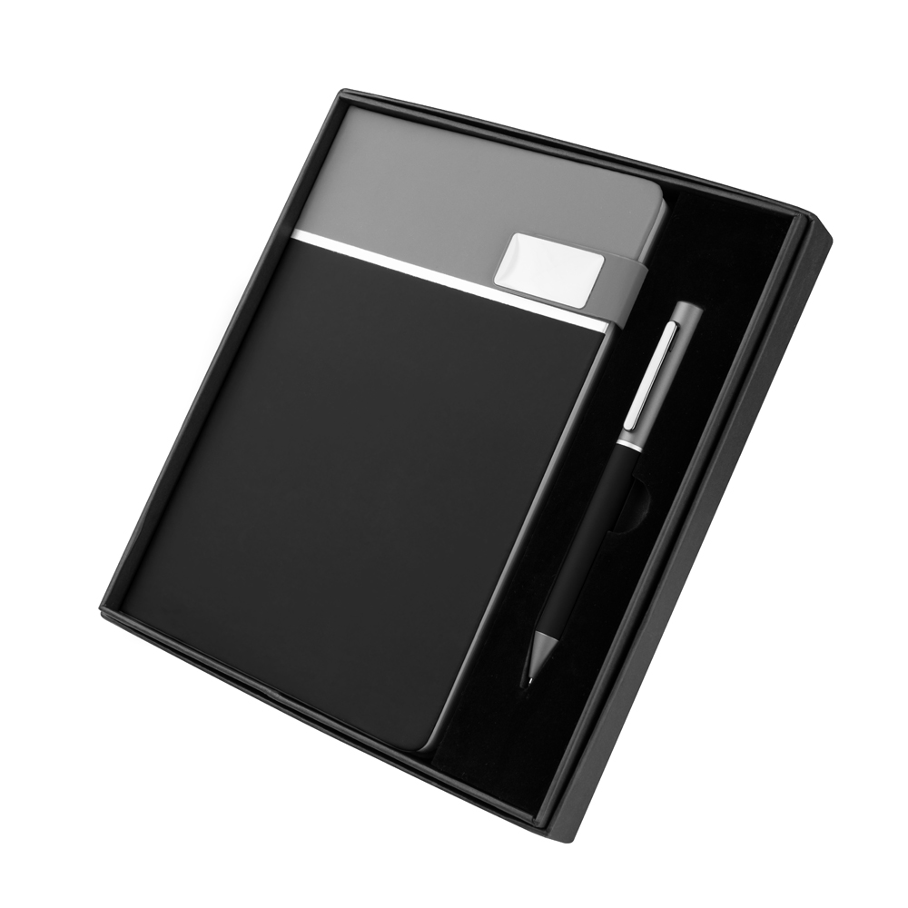 Kit Escritório Caderno A5 com Capa Dura em Pu — cor Preto